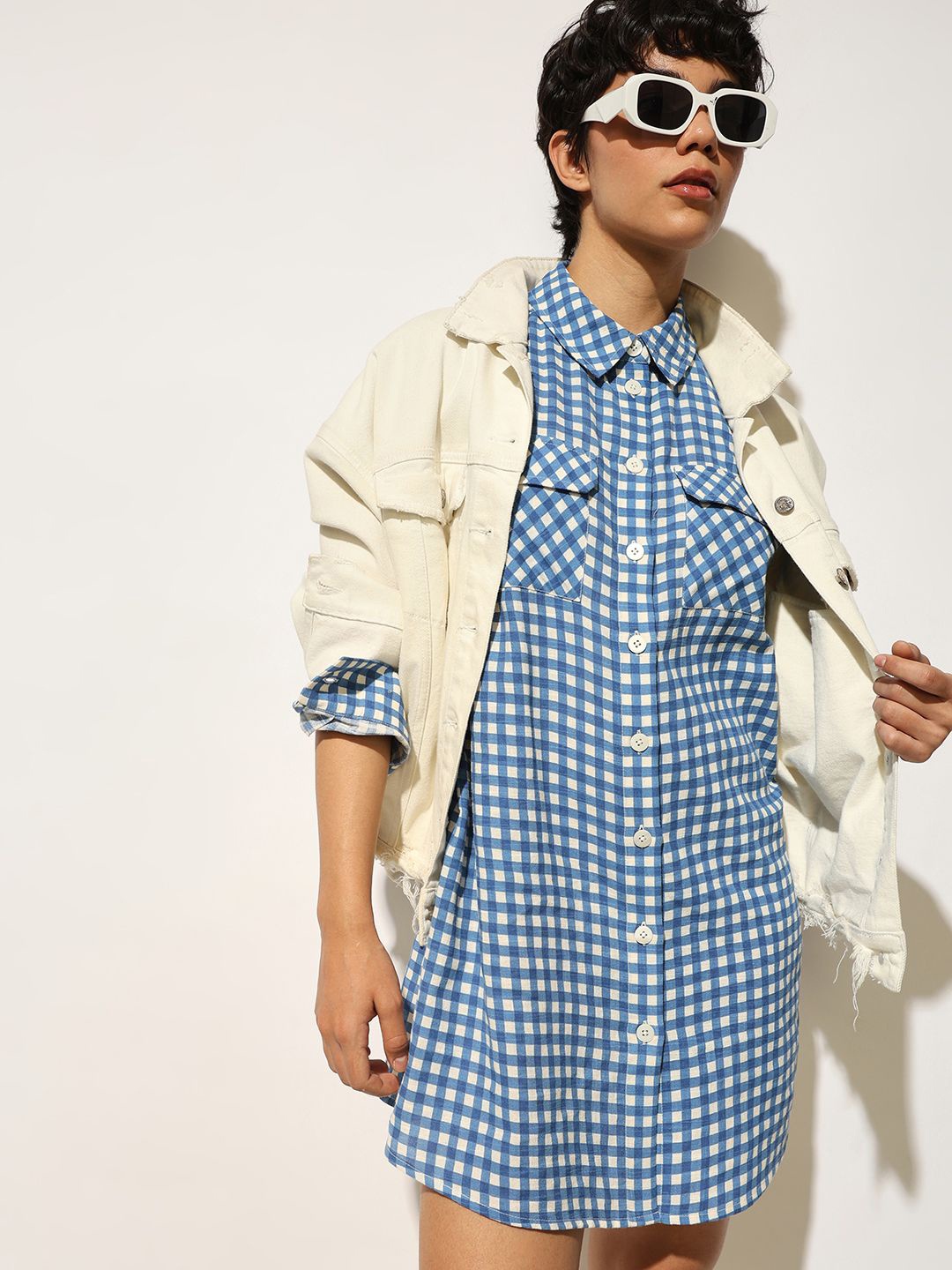 

ONLY Checked Shirt Mini Dress, Blue