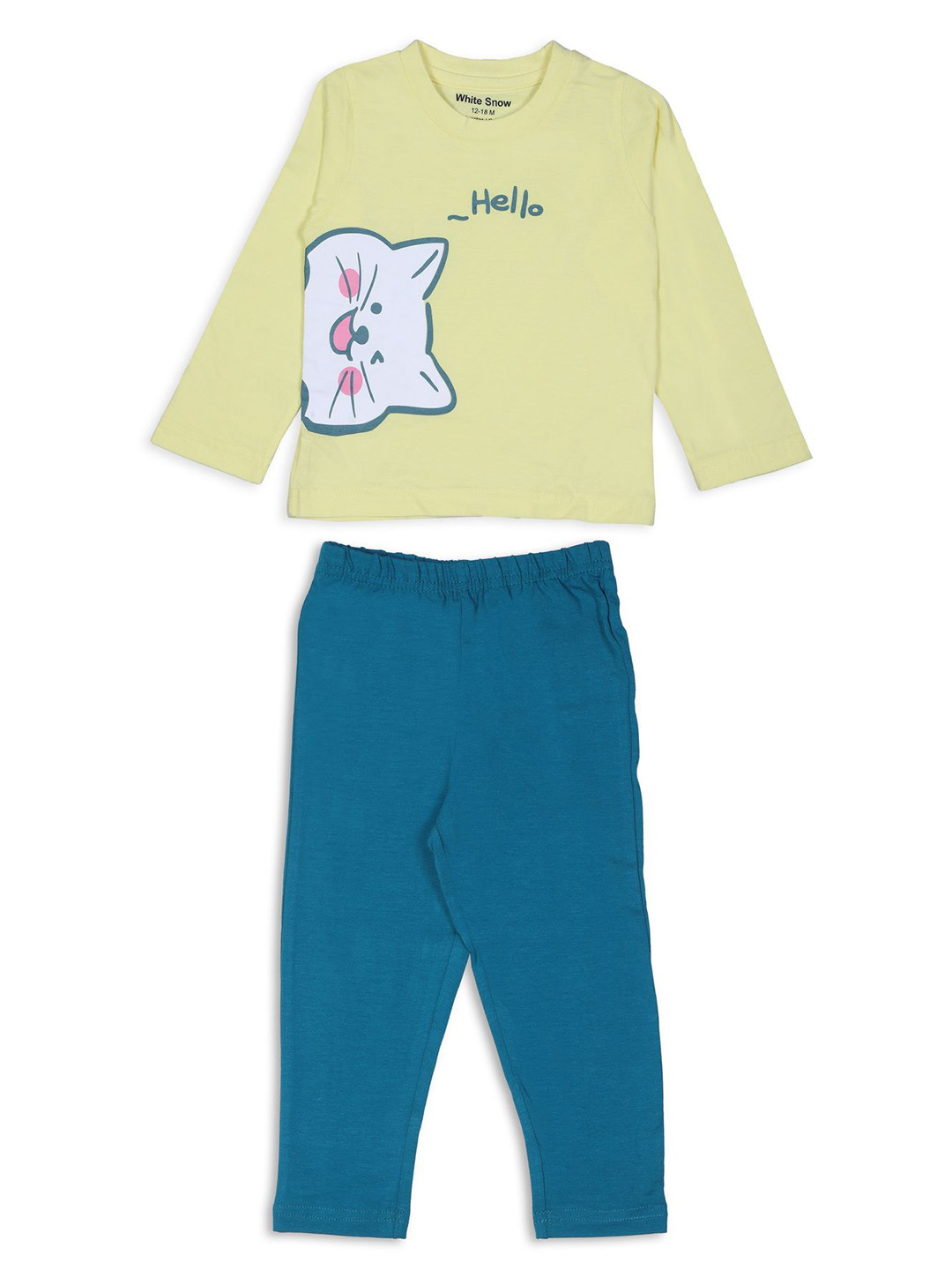

White Snow Kids Round Neck Pure Cotton T-Shirt With Pyjama, Yellow