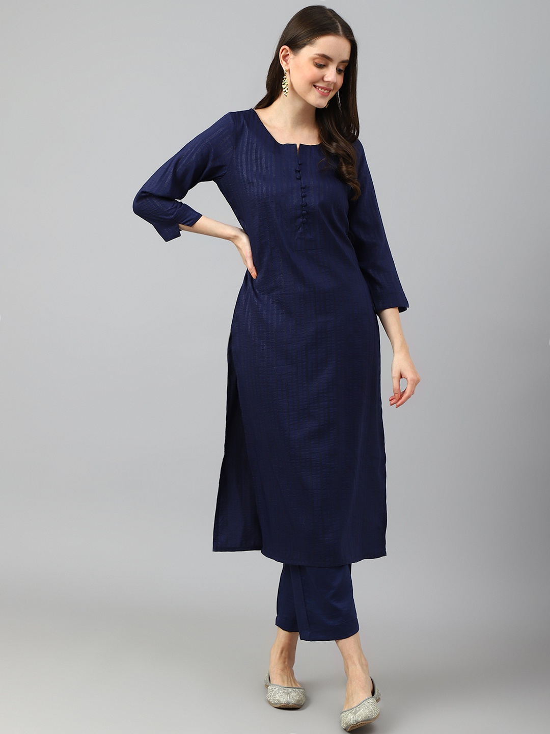 

Fourleaf Women Striped Regular Thread Work Kurta with Trousers, Navy blue