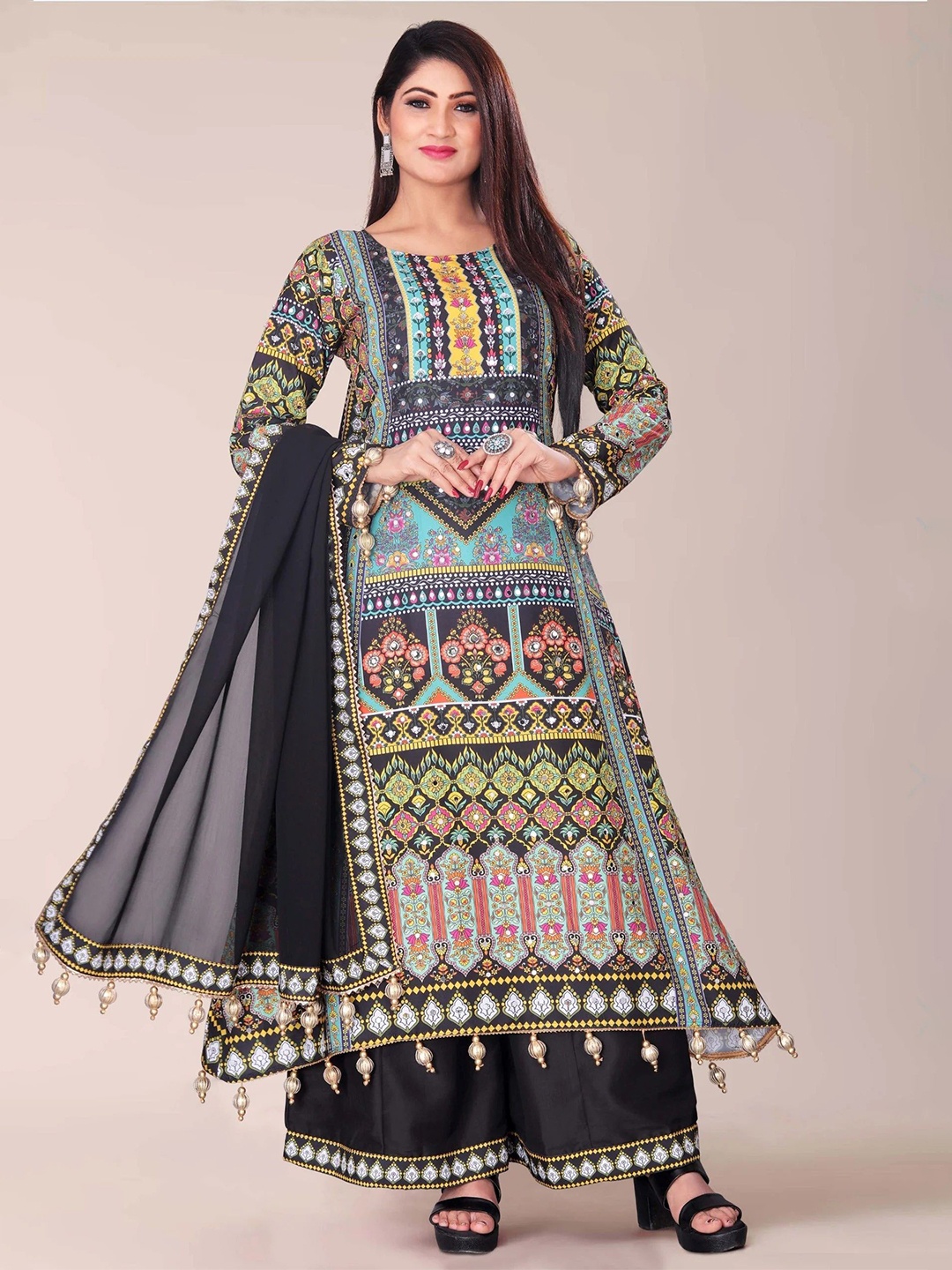 

NKV Women Printed Mirror Work A-Line Kurta Palazzo & Dupatta, Black
