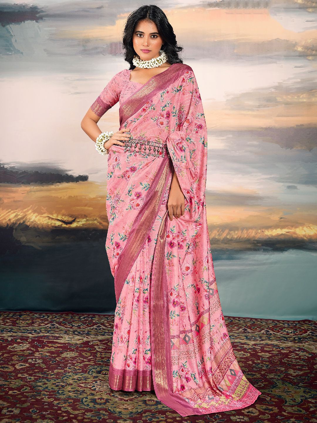 

Mitera Floral Printed Zari Saree, Pink