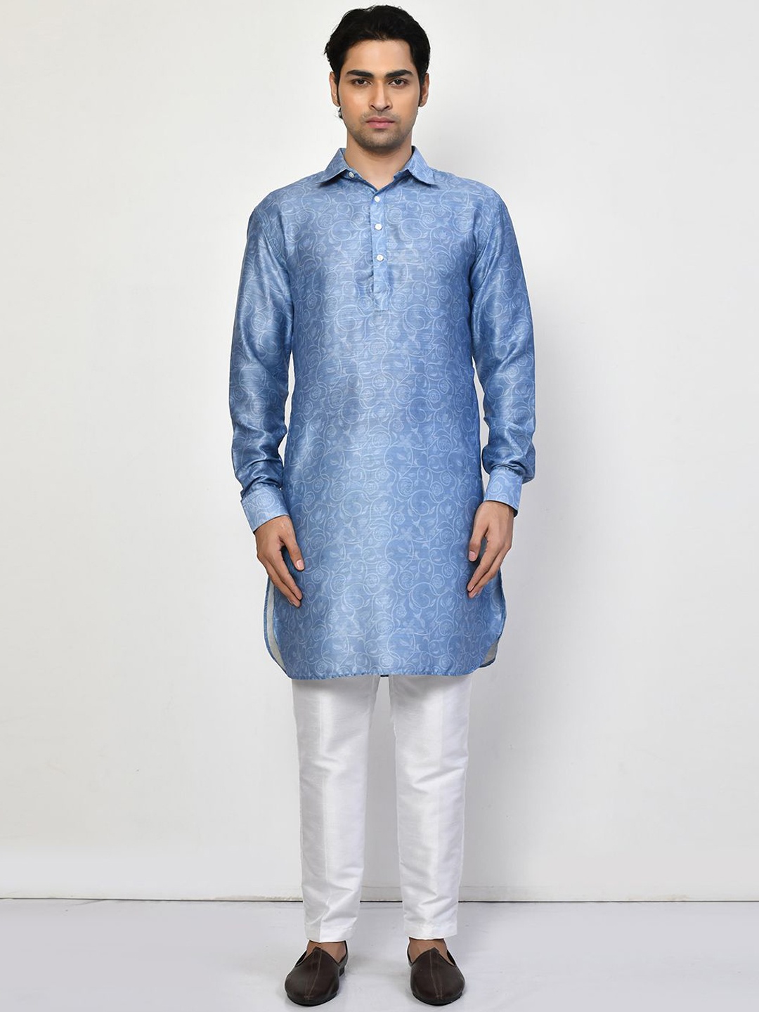 

Arihant Rai Sinha Ethnic Motifs Printed Shirt Collar Kurta With Trouser, Blue