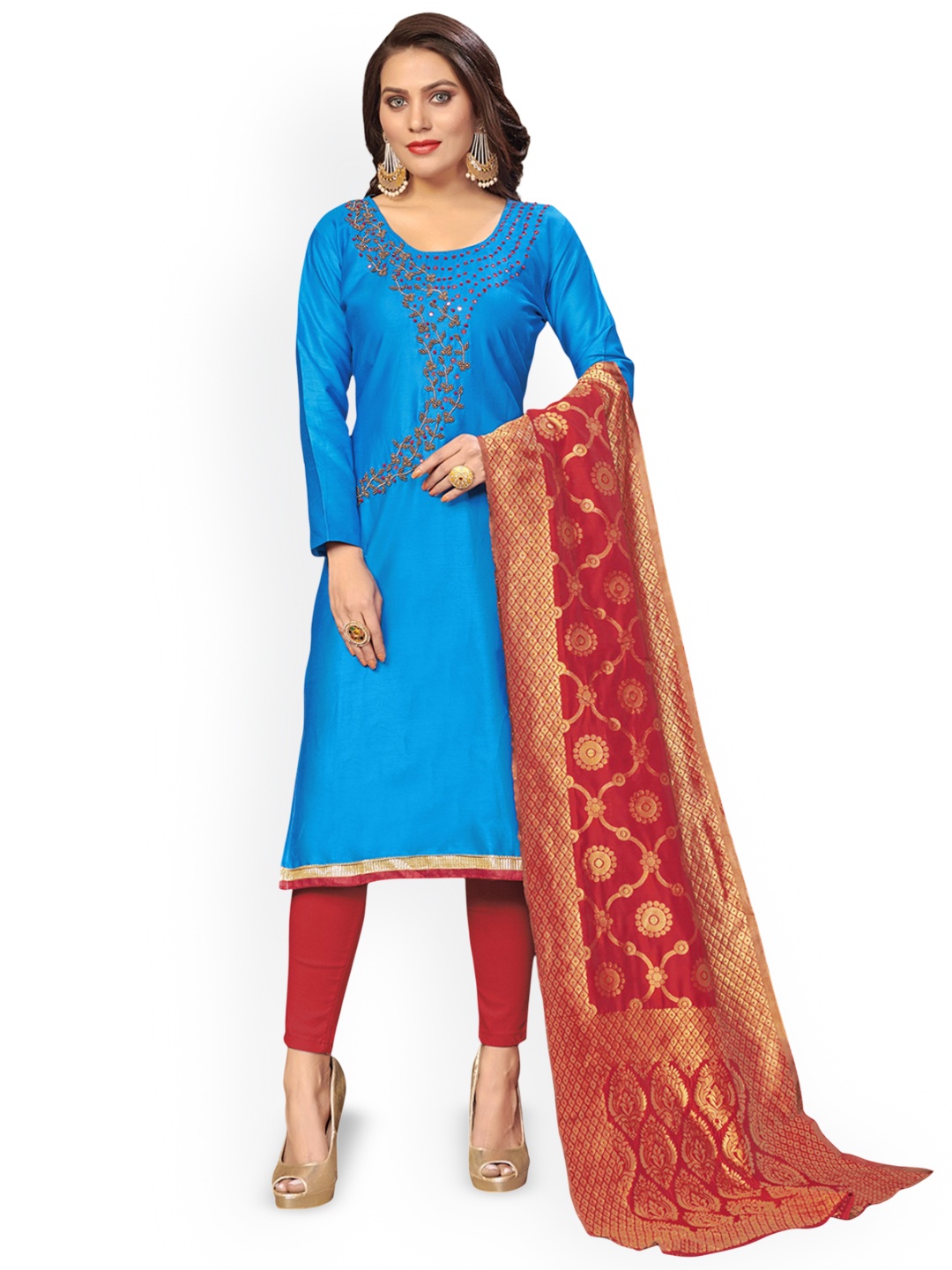 

HERE&NOW Floral Embellished Zari Cotton Unstitched Dress Material, Turquoise blue