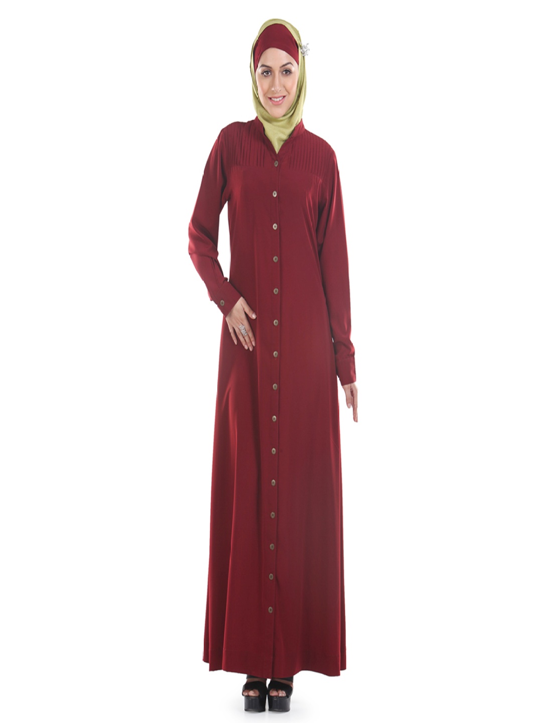 

MOMIN LIBAS Women Solid Mandarin Collar Long Sleeves Pleated Abaya Burqa, Maroon