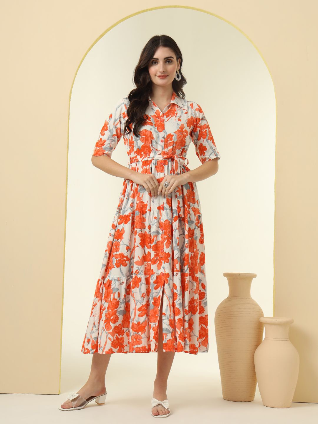 

NYPA Floral Print Fit & Flare Midi Dress, Orange
