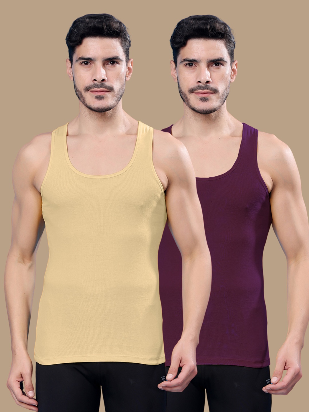 

Friskers Pack Of 2 Cotton Ribbed Gym Vest 24012025R-09-16, Beige