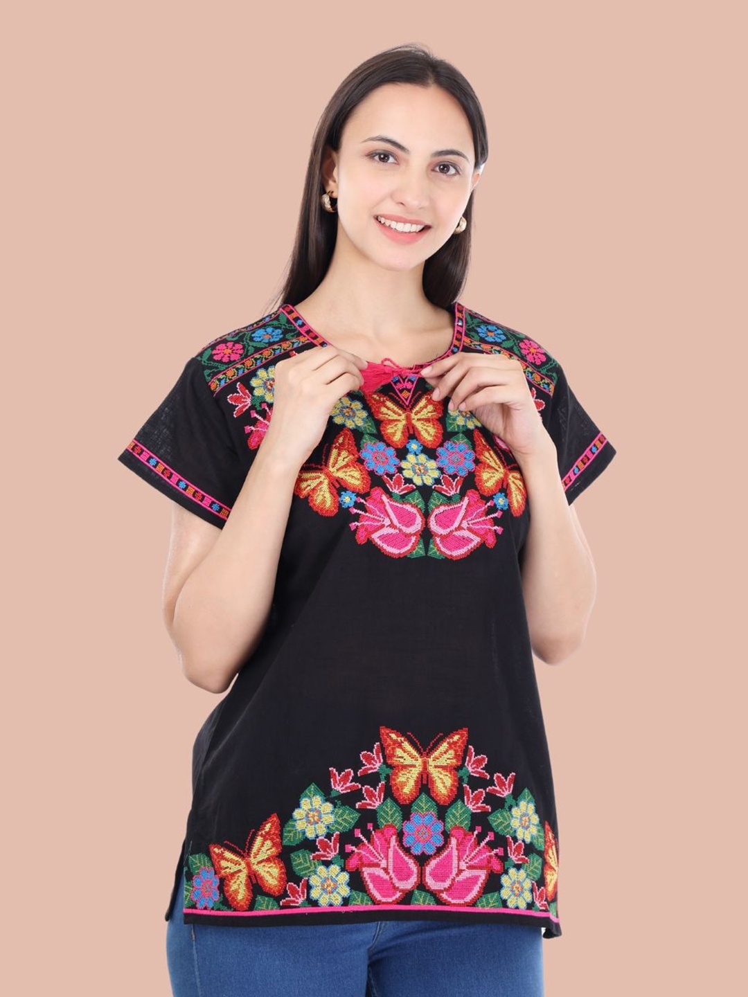 

Moda Rapido Women Floral Embroidered Flared Sleeves Pure Cotton Kurti, Black
