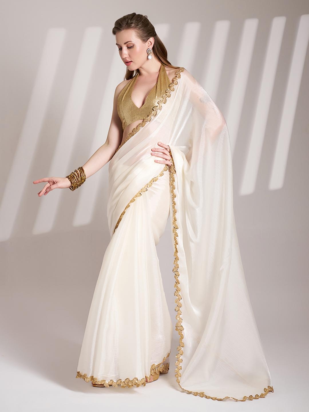 

Mitera Sequinned Organza Saree, White