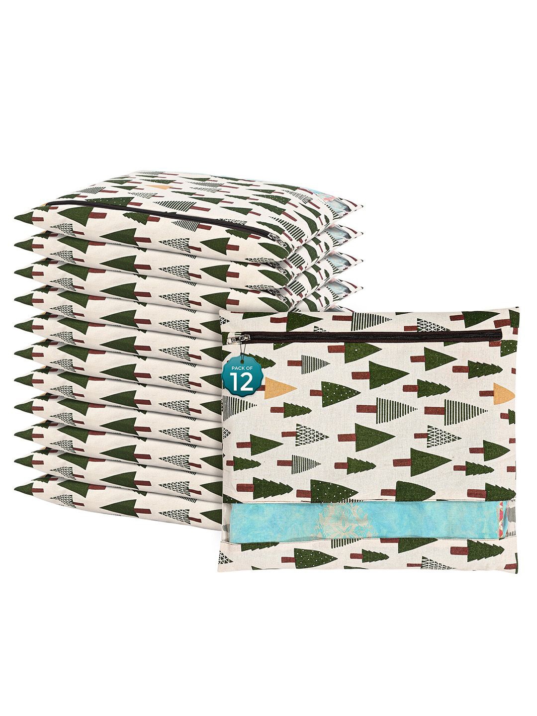 

Kuber Industries White & Green 12 Pieces Tree Printed Mesh Cotton Saree Covers Organizers