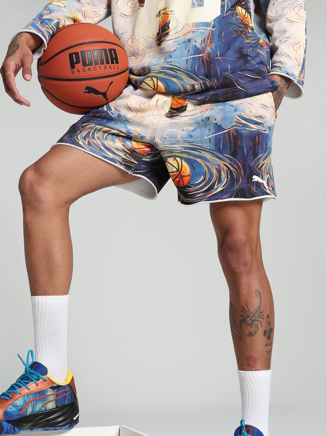 

Puma Men Dylan Exhibit Terry Printed Pure Cotton Mid Rise Basketball Shorts, Blue