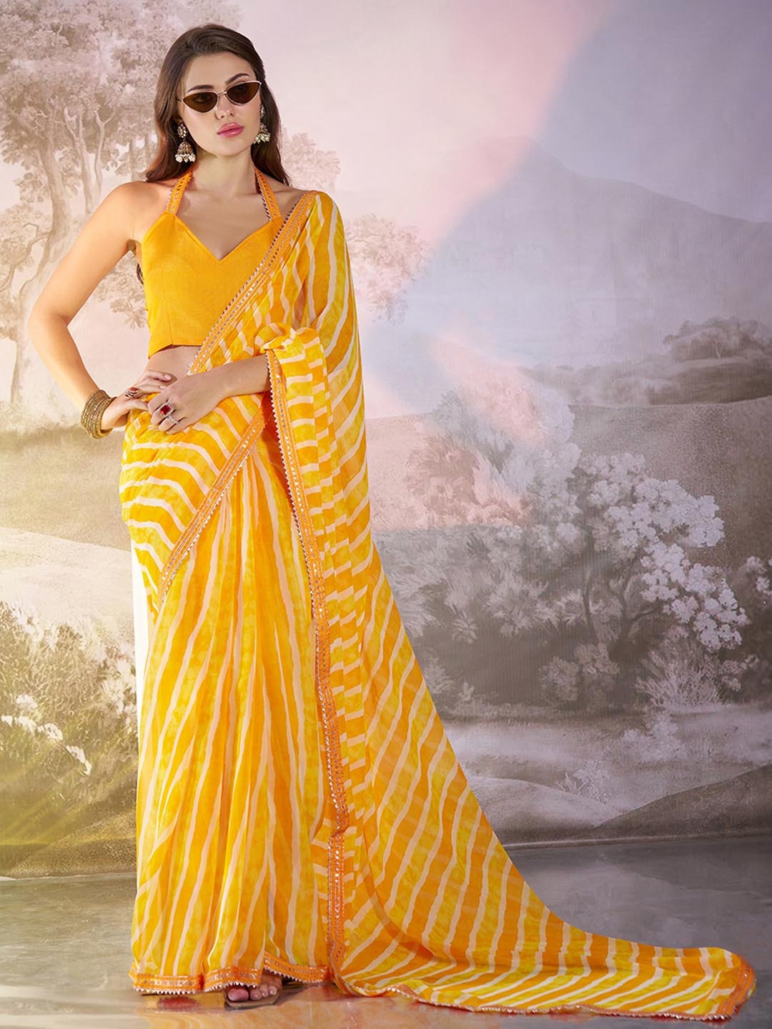 

Mitera Women Leheriya Gotta Patti Pure Georgette Saree, Yellow
