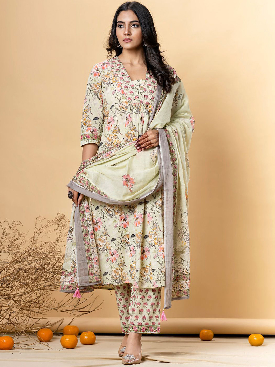 

Readiprint Floral Printed Aari Work Pure Cotton Kurta With Trousers And Dupatta, Green