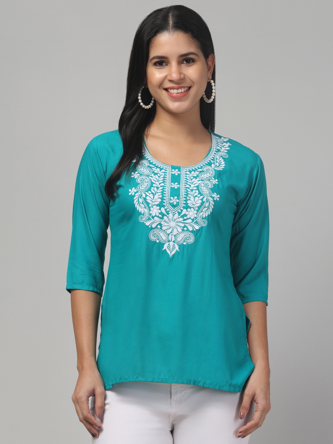 

Trend Level Floral Embroidered Kurti, Sea green