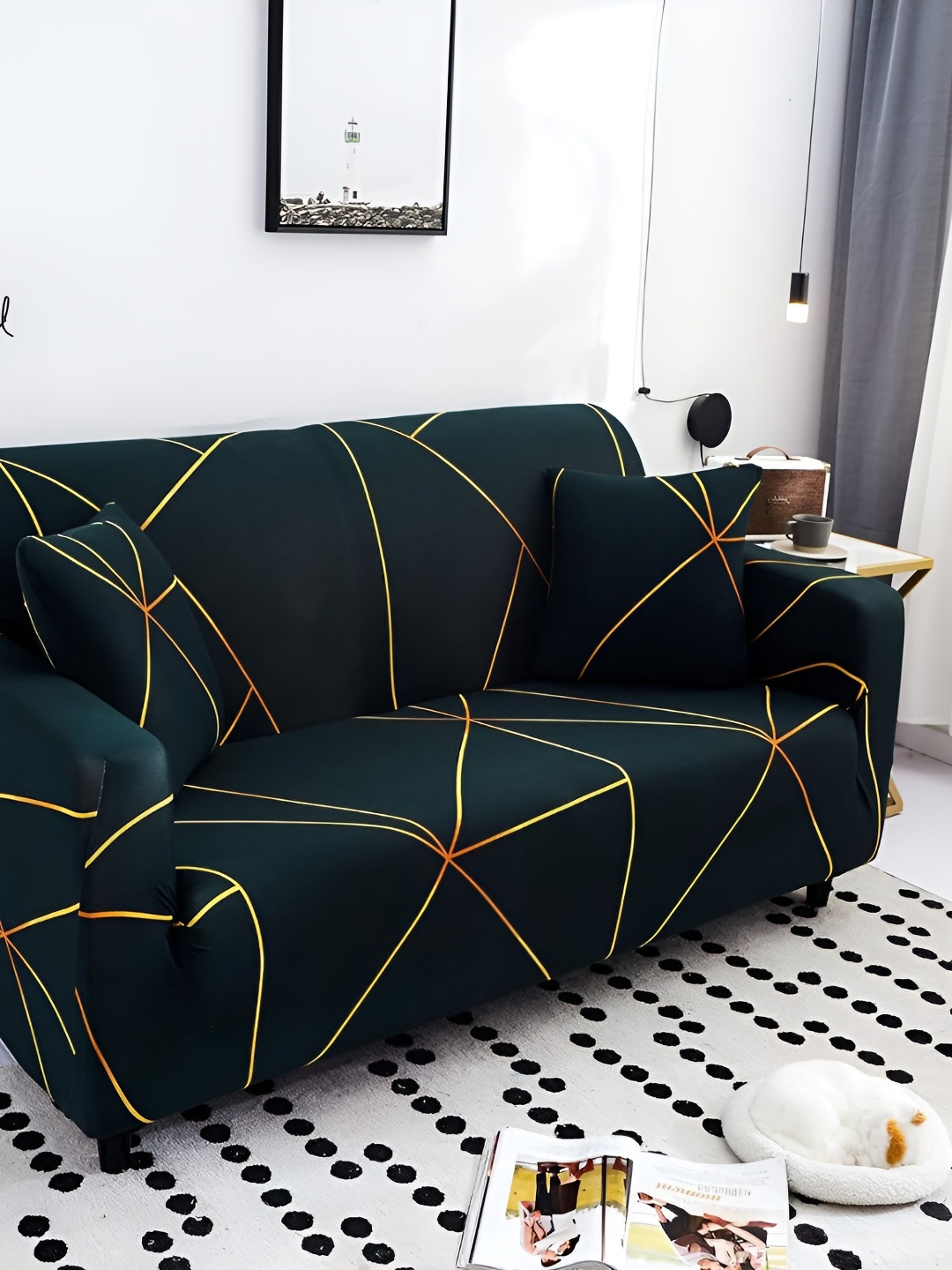 

KriShyam Green & Yellow Geometric Printed 2 Seater Sofa Cover with Arms
