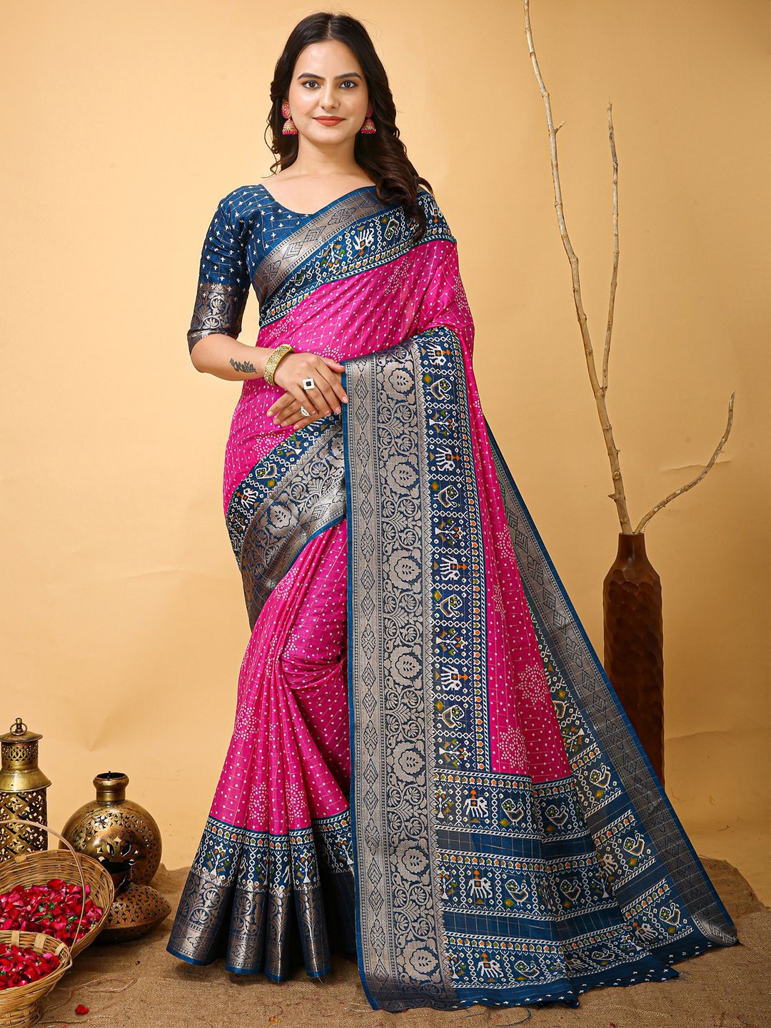 

Anouk Rustic Bandhani Zari Silk Blend Patola Saree, Pink