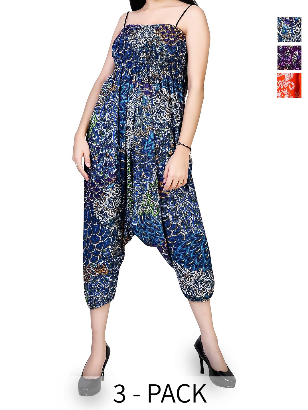 

NarNari Women Pack Of 3 Printed Mid-Rise Harem Pants, Blue