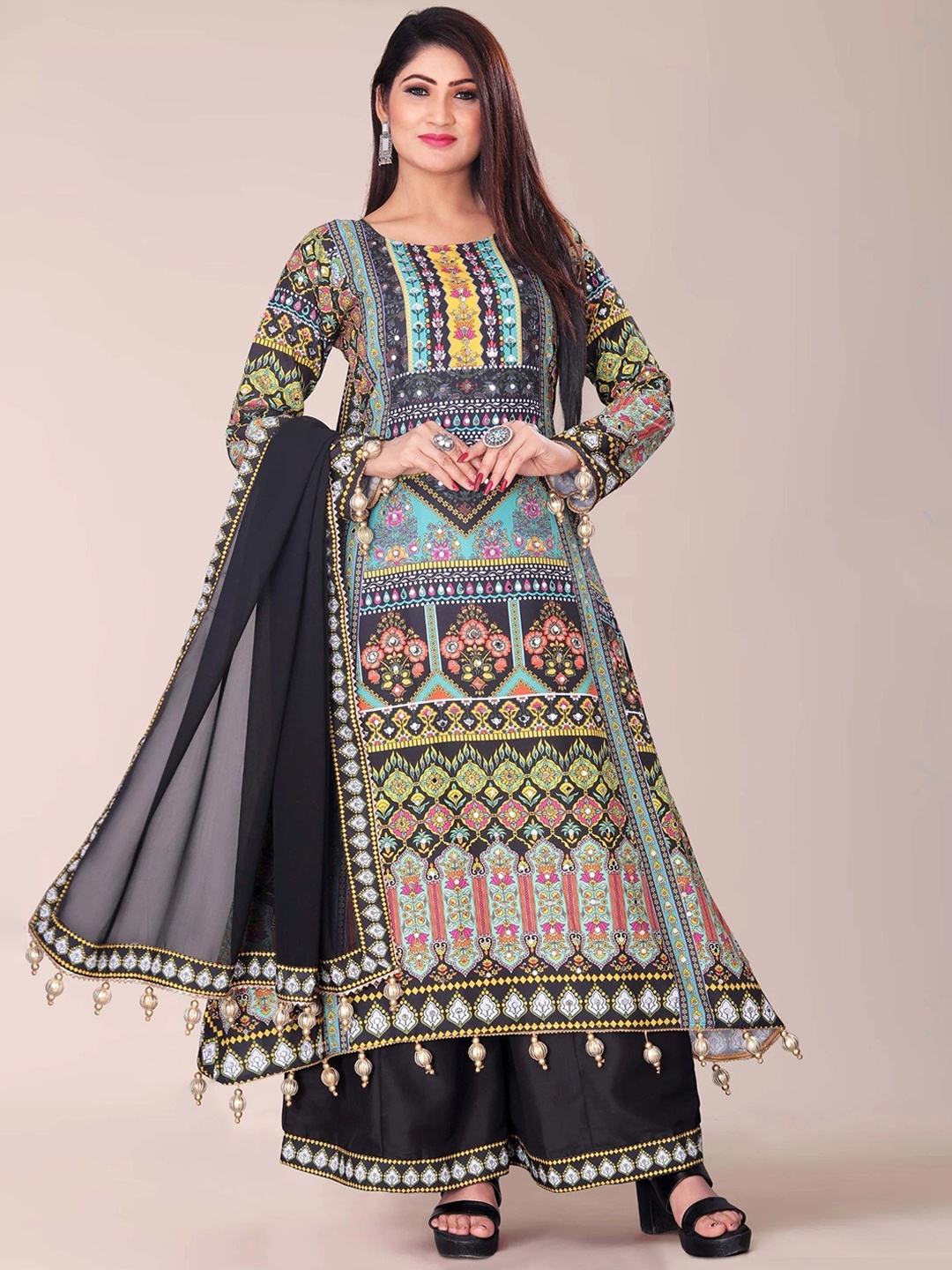 

NKV Floral Printed Mirror Work A-Line Kurta With Palazzos And Dupatta, Black