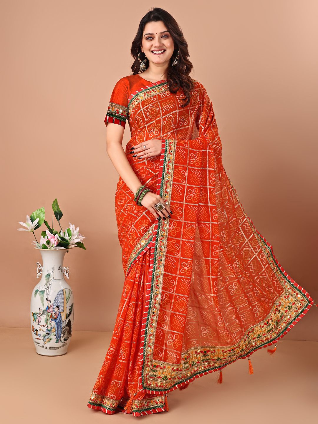 

Mitera Bandhani Embroidered Bandhani Saree With Unstitched Blouse Piece, Orange
