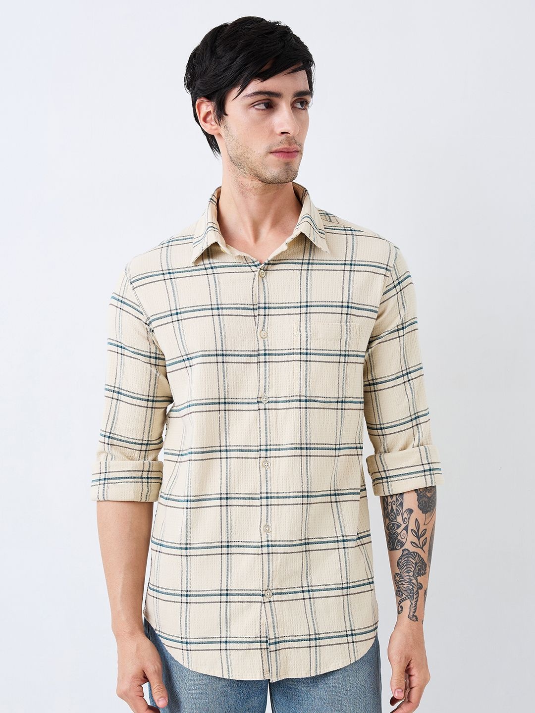 

SPYKAR Men Spread Collar Tartan Checked Cotton Casual Shirt, Beige
