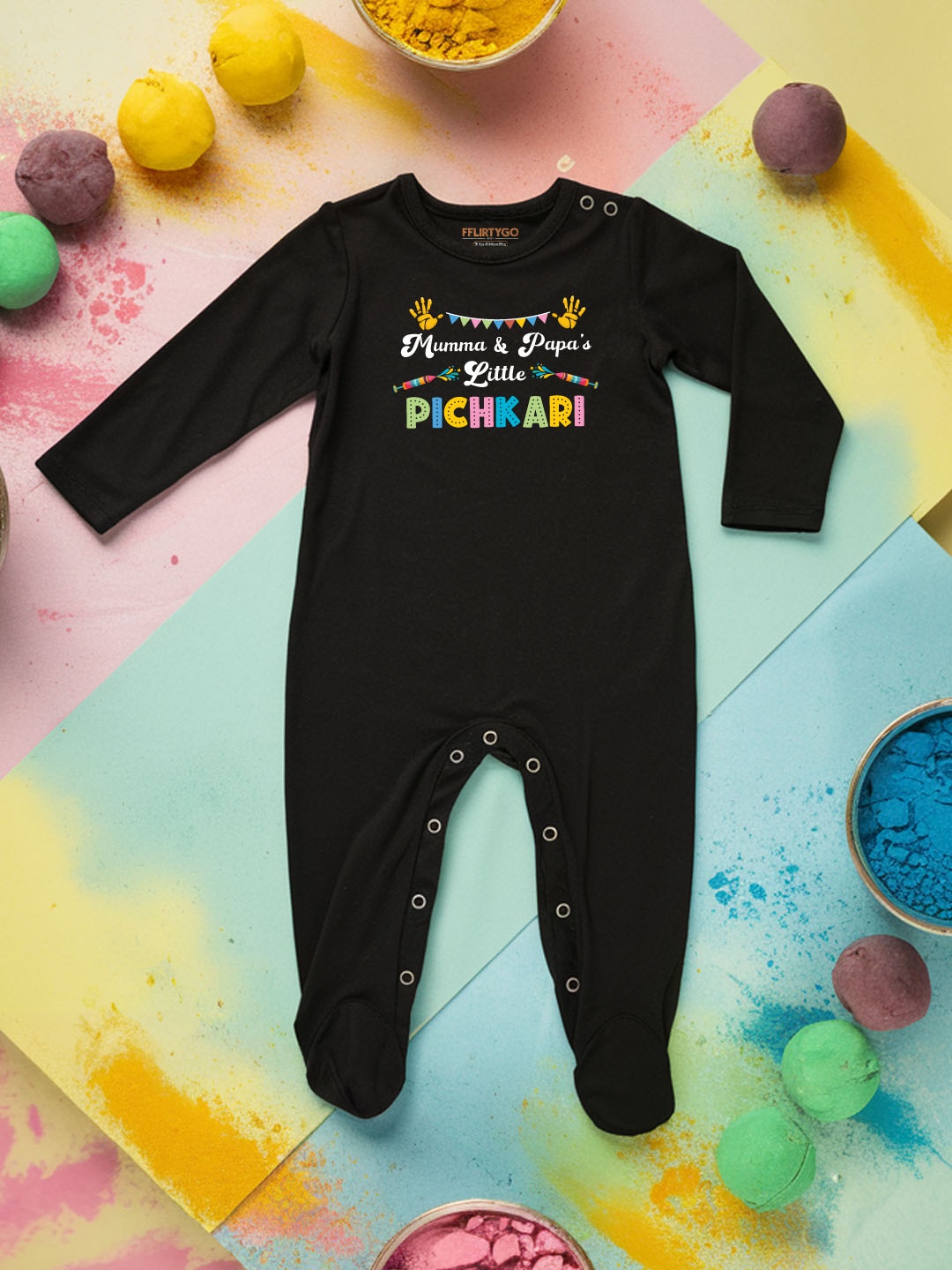 

FFLIRTYGO Kids Holi Printed Pure Cotton Sleepsuit, Black