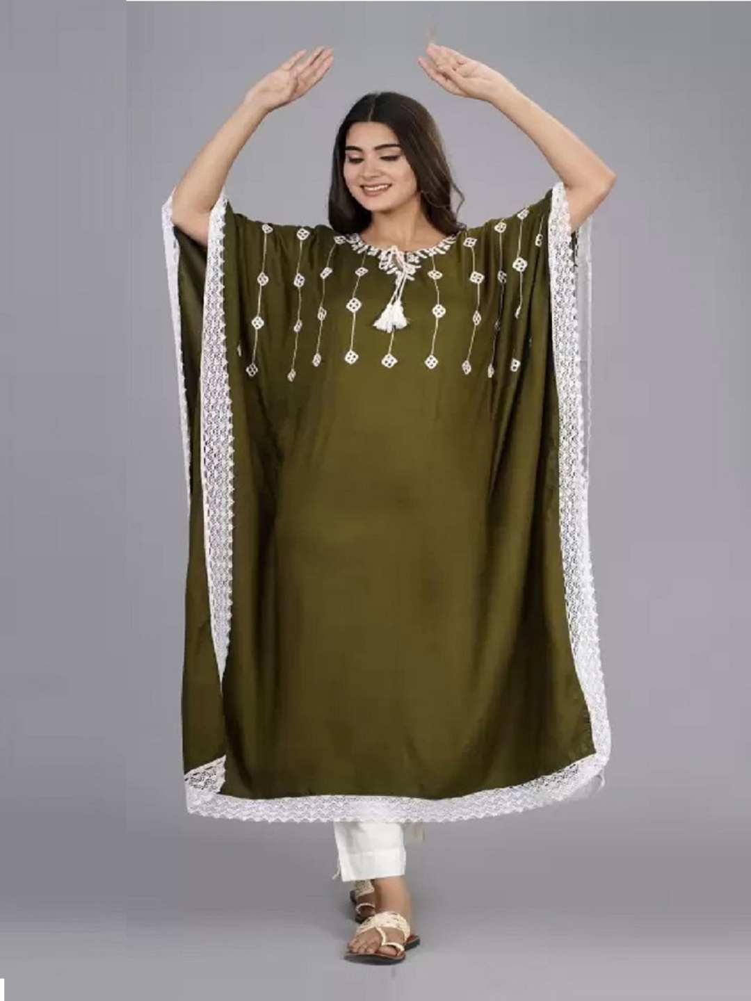 

ANNAYEMA APPARELS Women Embroidered Asymmetric Kaftan Kurta, Olive