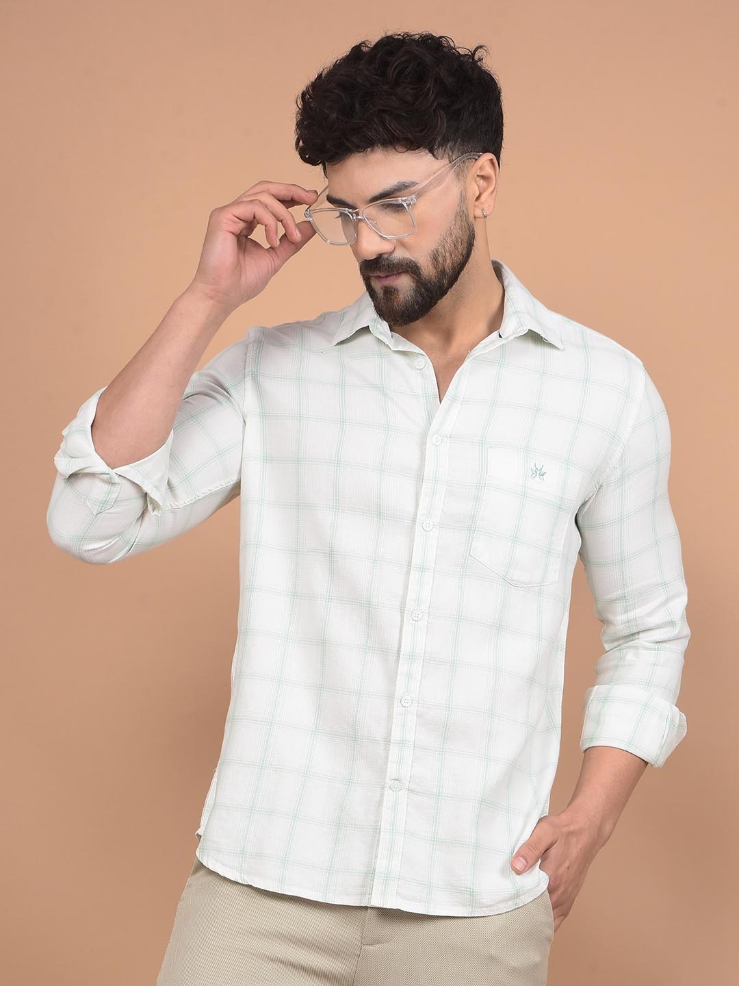 

Crimsoune Club Men Premium Slim Fit Spread Collar Windowpane Checked Cotton Casual Shirt, White