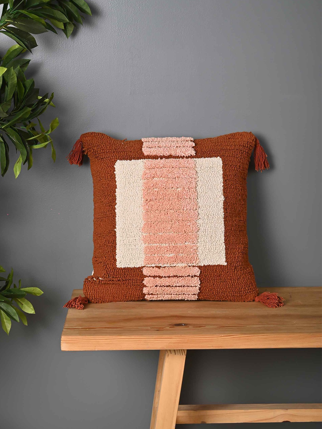

SANSKRUTIHOMES Brown & Peach-Coloured Embroidered Cotton Square Cushion Cover