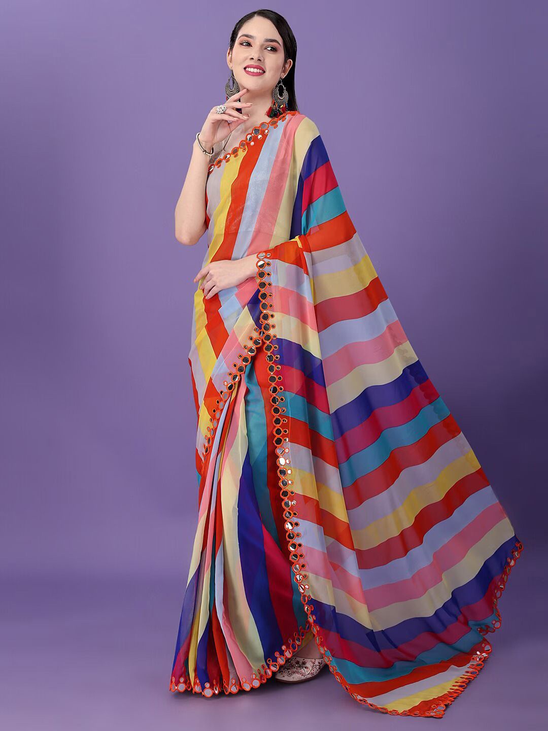 

Moda Rapido Striped Mirror Work Pure Georgette Leheriya Saree, Red
