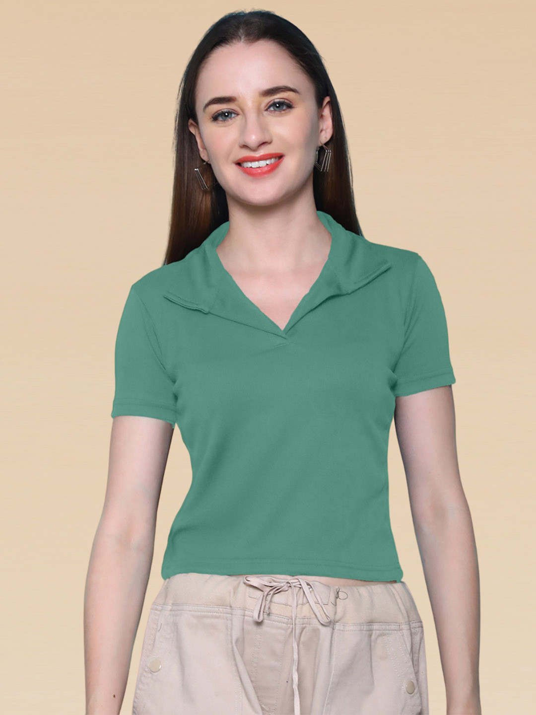 

SZN Shirt Style Crop Top, Green