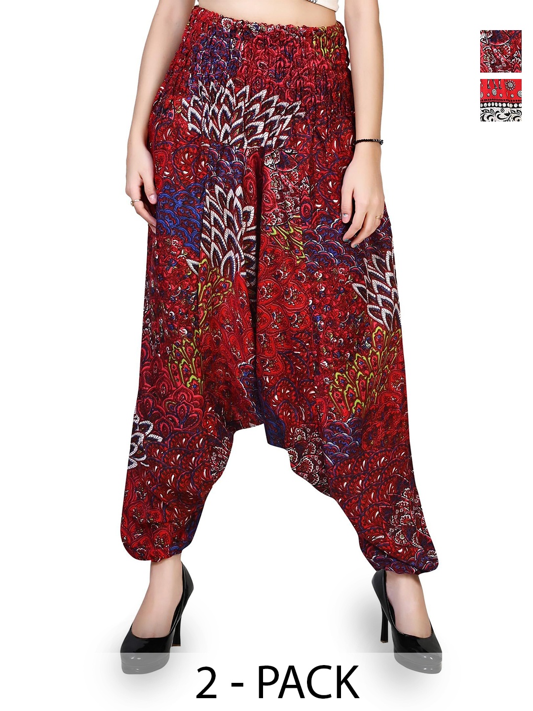 

NarNari Women Pack Of 2 Printed Mid-Rise Harem Pants, Maroon