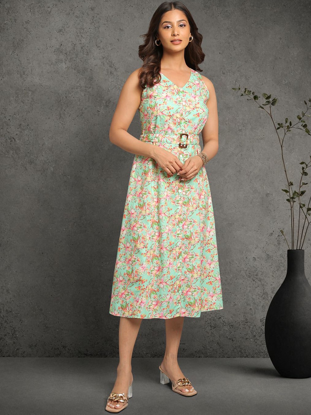 

Tissu Floral Printed Cotton Fit & Flare Ethnic Dresses, Sea green