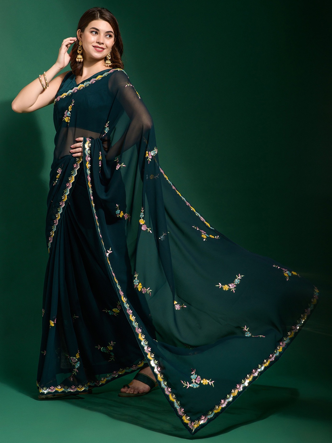 

Moda Rapido Embellished Sequinned Pure Georgette Saree, Green