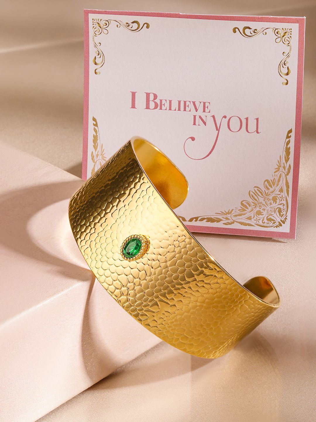 

Rubans Valentine's 22K Gold Plated Free Size Textured Cuff Bracelet With Emerald Accent