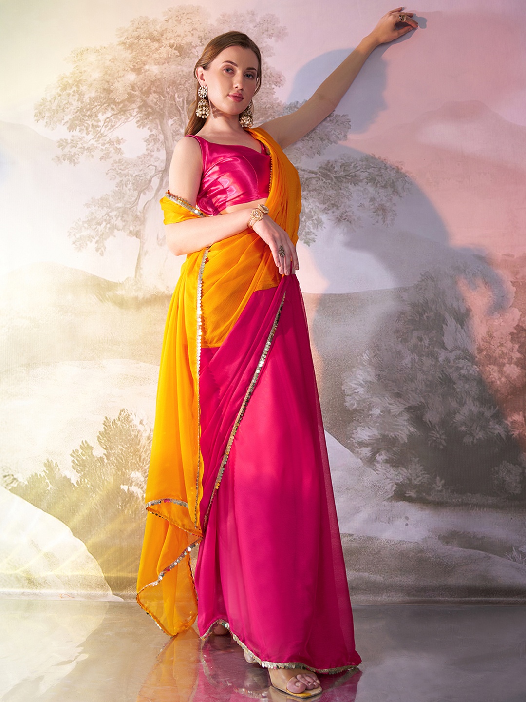 

Mitera Colourblocked Sequinned Pure Georgette Saree with Embellished Border, Pink