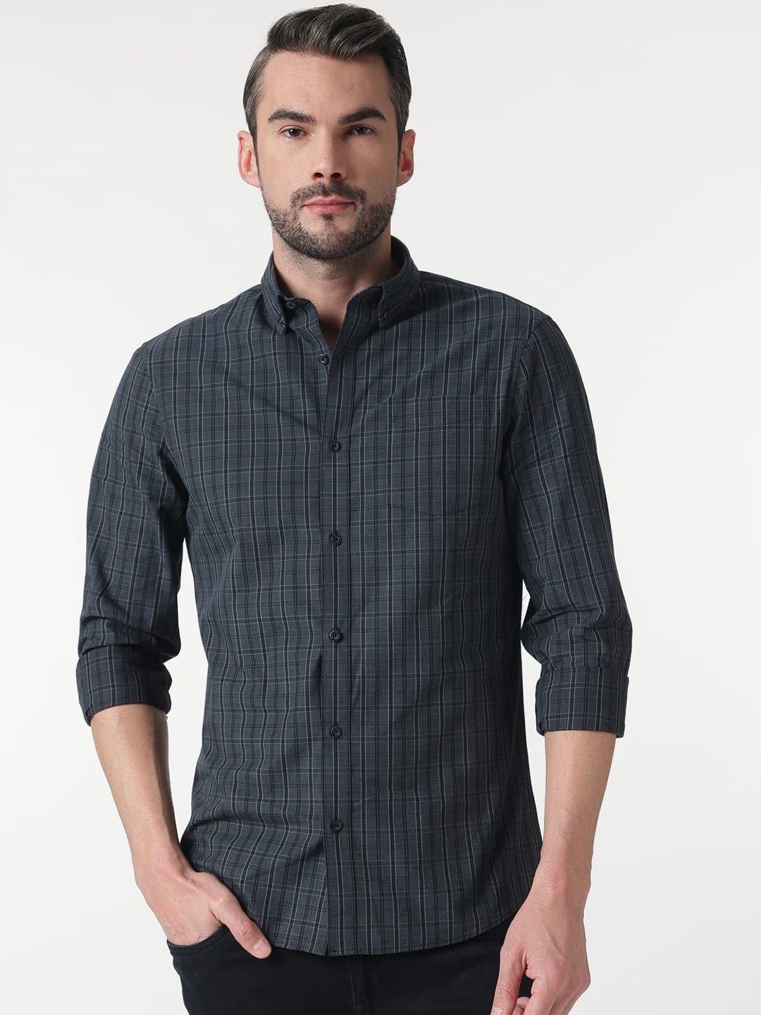 

Marks & Spencer Men Spread Collar Tartan Checked Cotton Casual Shirt, Olive