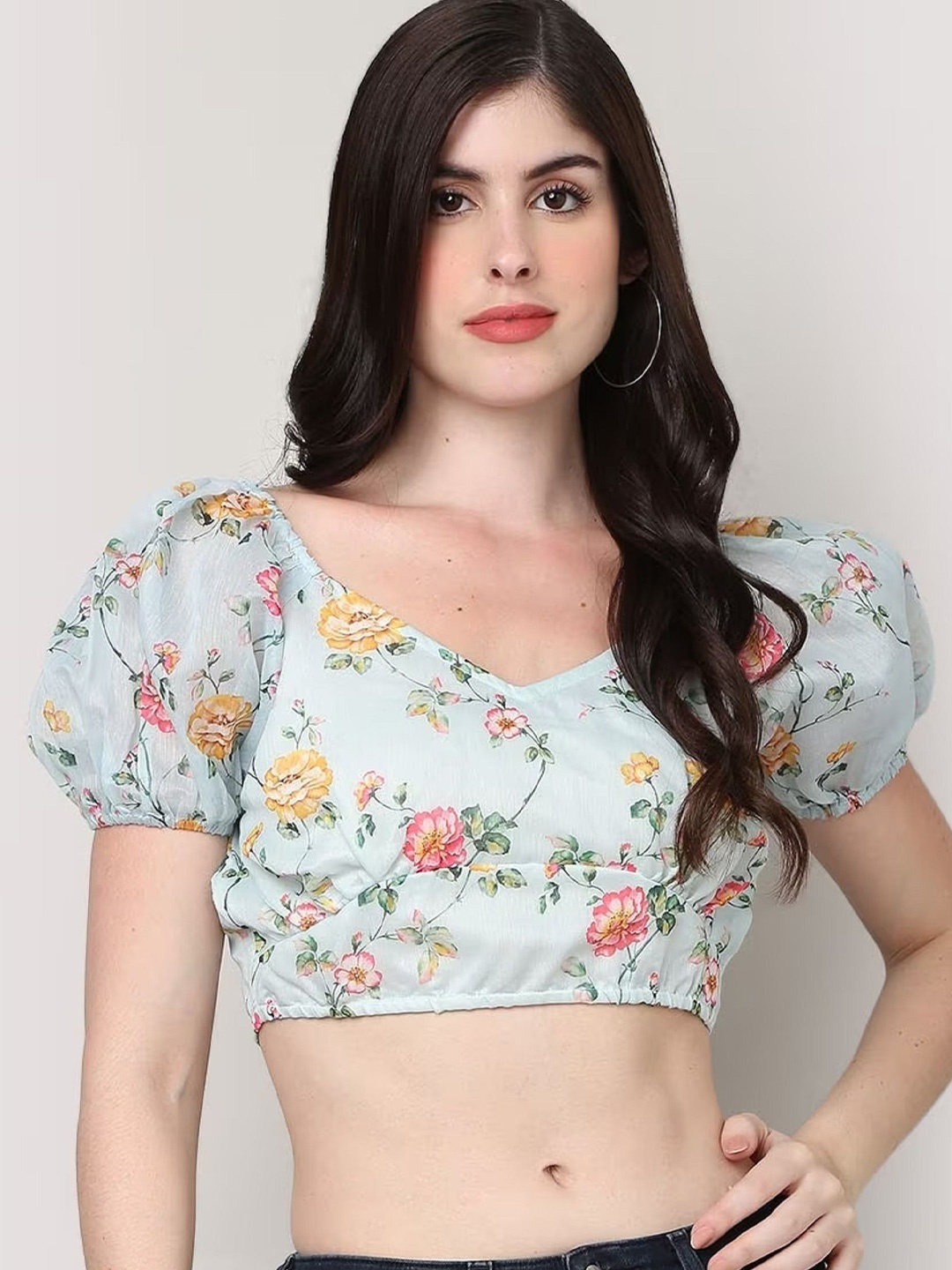 

SAKURA Floral Print Puff Sleeve Crop Top, Blue