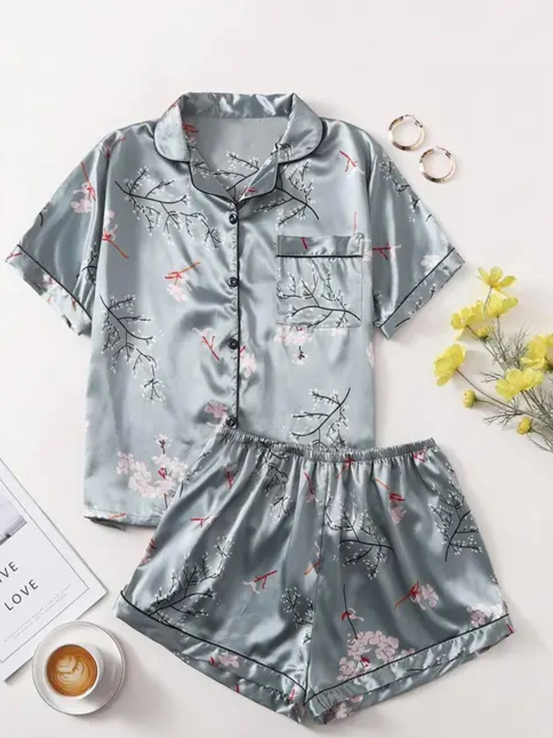 

SHINE N SHOW Women Printed Lapel Collar Night suit, Grey