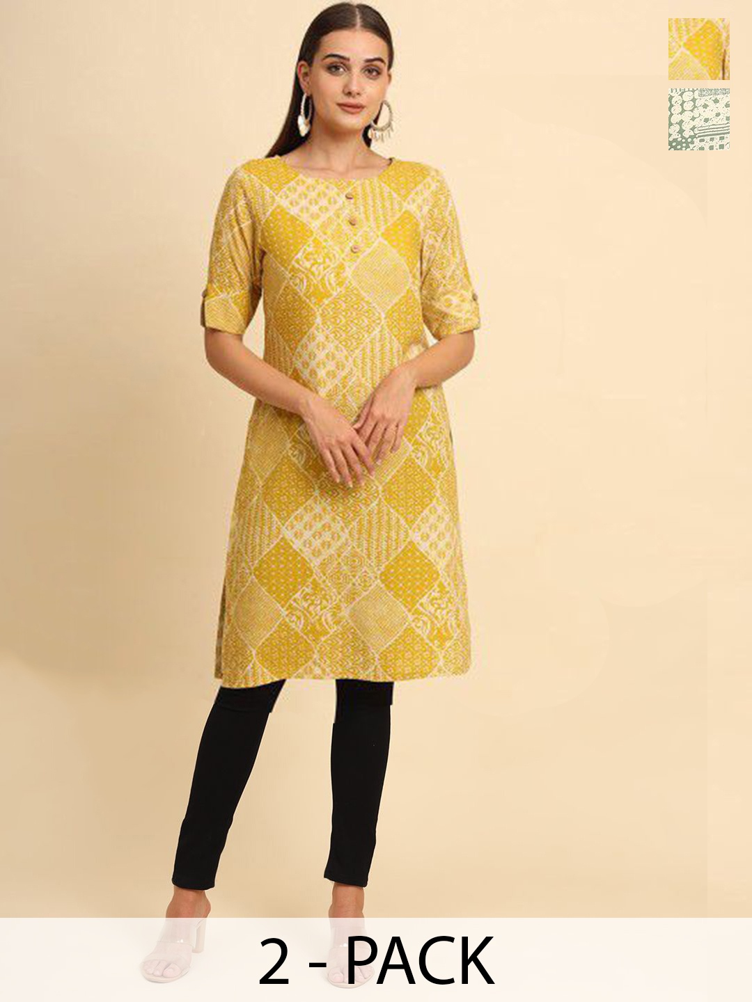 

Anouk Rustic Selection Of 2 Geometric Printed Round Neck Straight Kurtas, Yellow