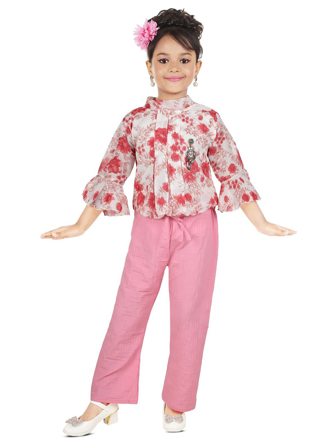 

LAVISH CLUB Girls Printed High Neck Top With Trouser, Pink