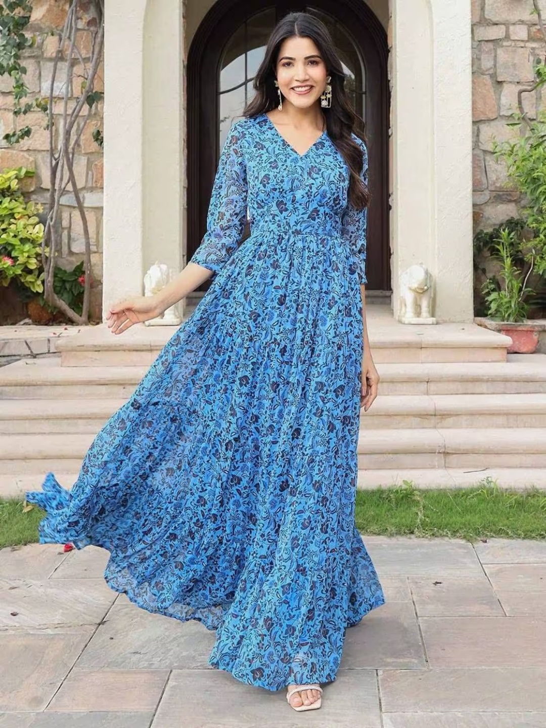 

NOUN Women Printed V-Neck Maxi Ethnic Dress, Blue