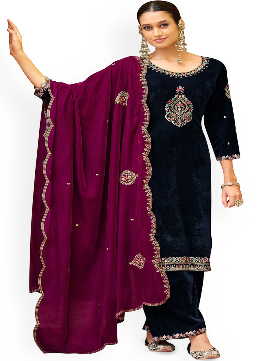 

DRAVINAM Floral Embroidered Velvet Unstitched Dress Material, Black