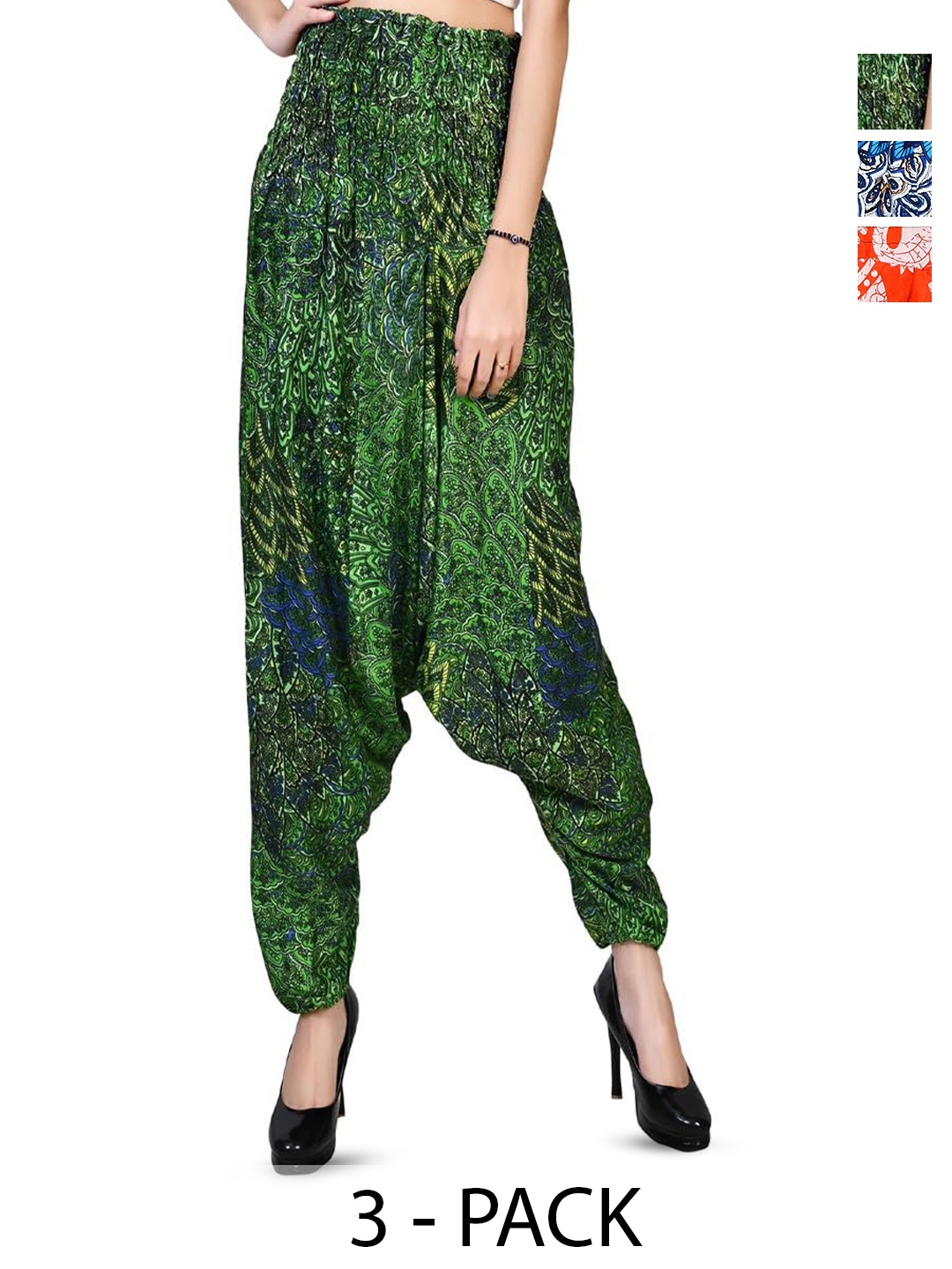 

NarNari Women Pack Of 3 Printed Mid-Rise Harem Pants, Green