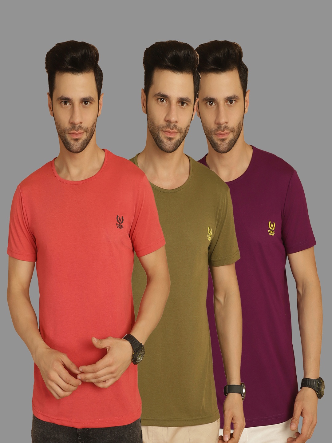 

VIMAL JONNEY Men Pack Of 3 Solid Round Neck Cotton T-shirts, Purple