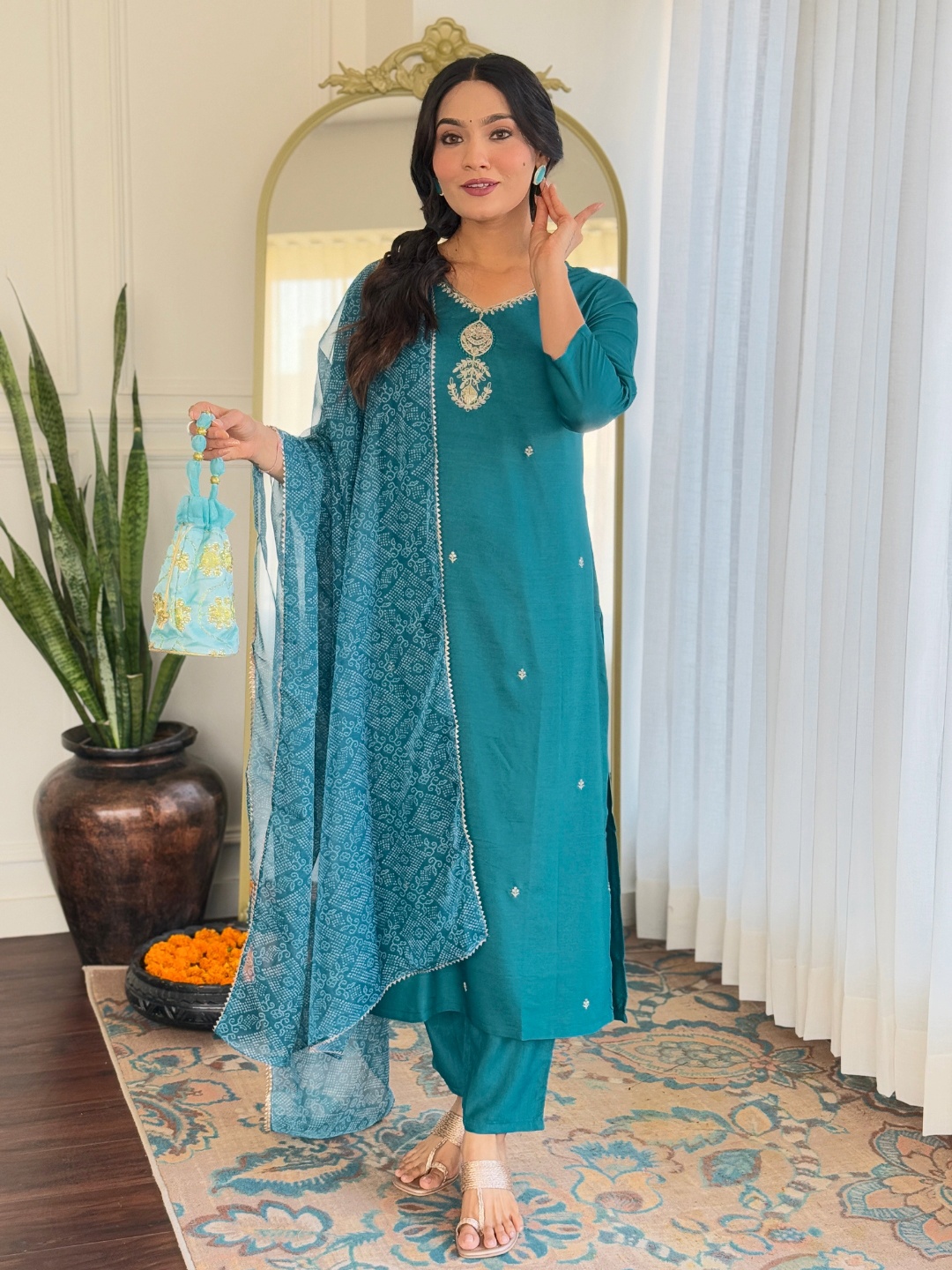 

KALINI Women Floral Embroidered Zari Straight Kurta With Trousers & Dupatta, Sea green