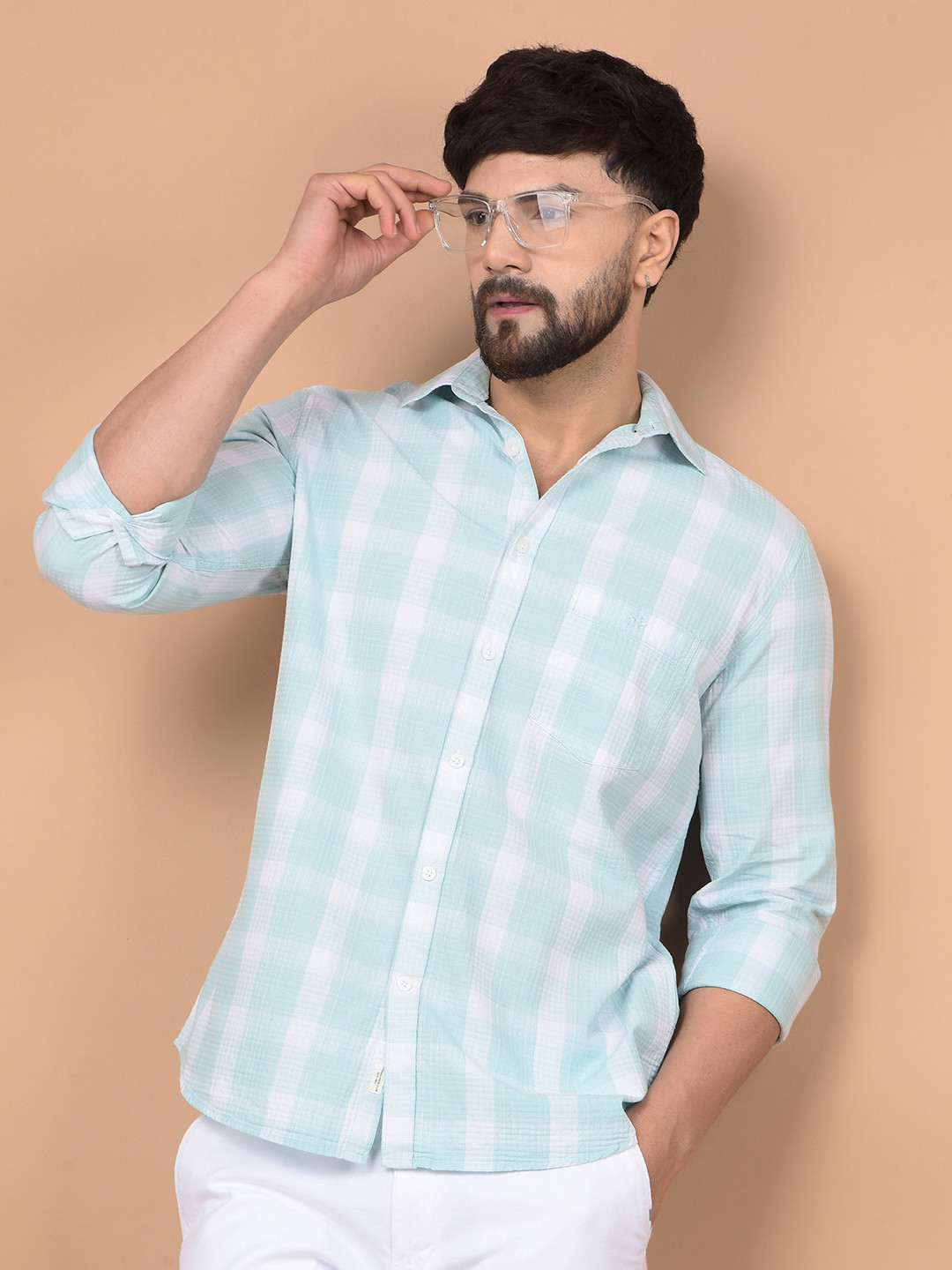 

Crimsoune Club Men Premium Slim Fit Spread Collar Checked Cotton Casual Shirt, White
