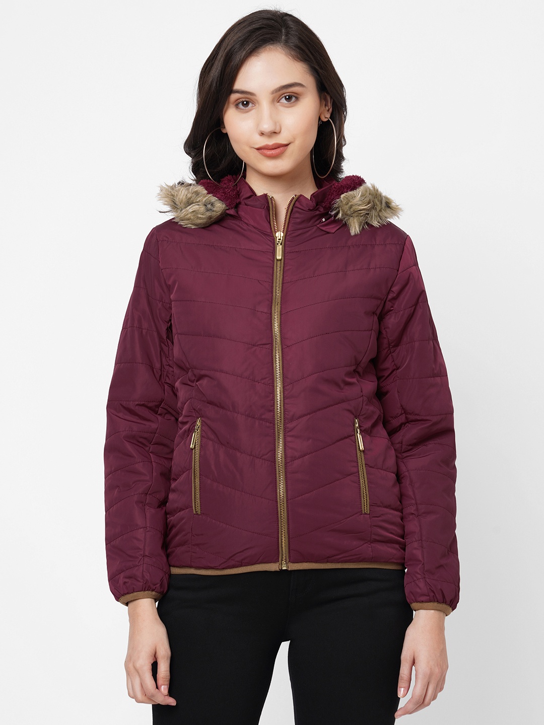 

Kraus Jeans Women Hooded Solid Casual Parka Jacket, Burgundy