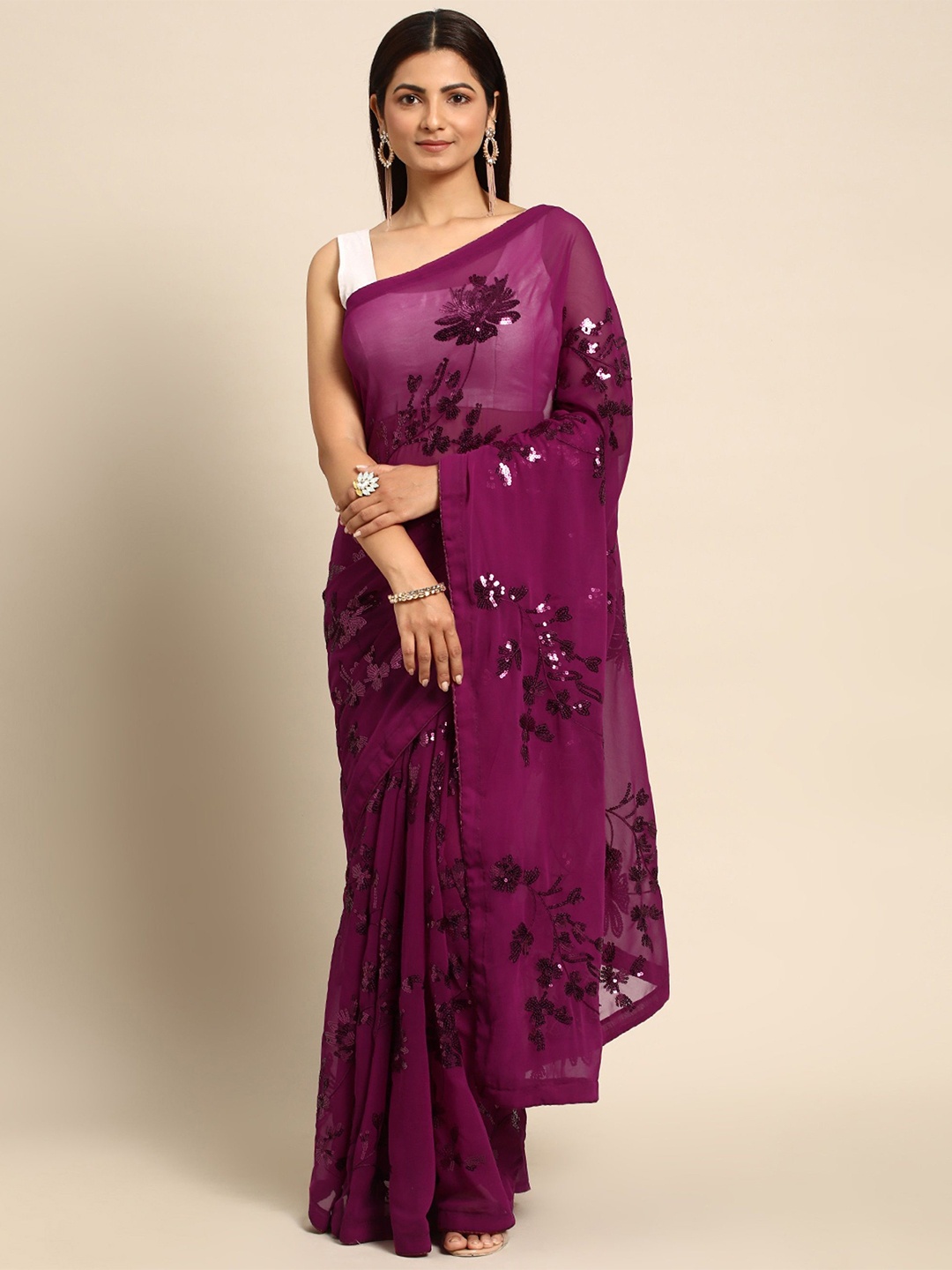 

Moda Rapido Embellished Sequinned Pure Georgette Saree, Purple