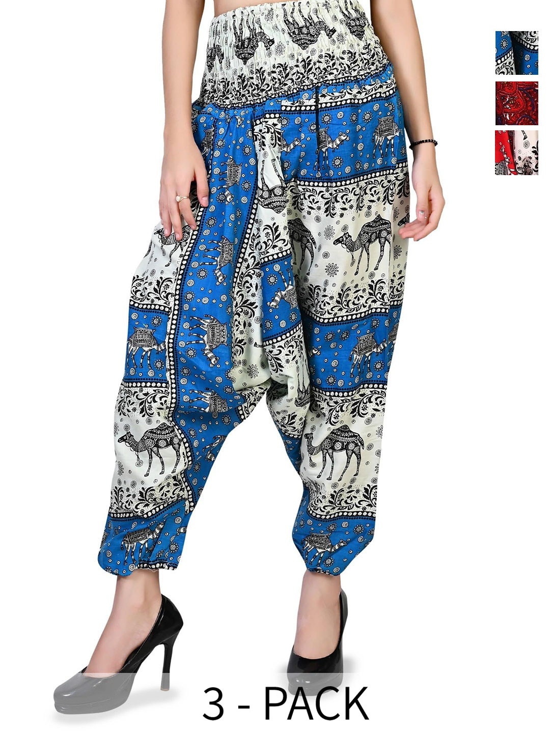 

NarNari Women Pack Of 3 Printed Mid-Rise Harem Pants, Red