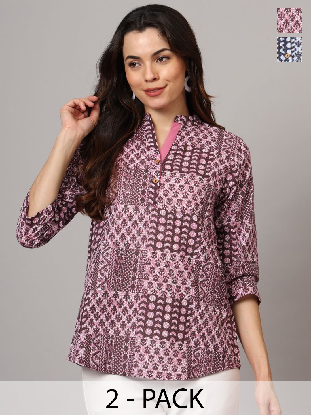 

Anouk Rustic Pack Of 2 Printed Cotton Mandarin Collar Tunic, White