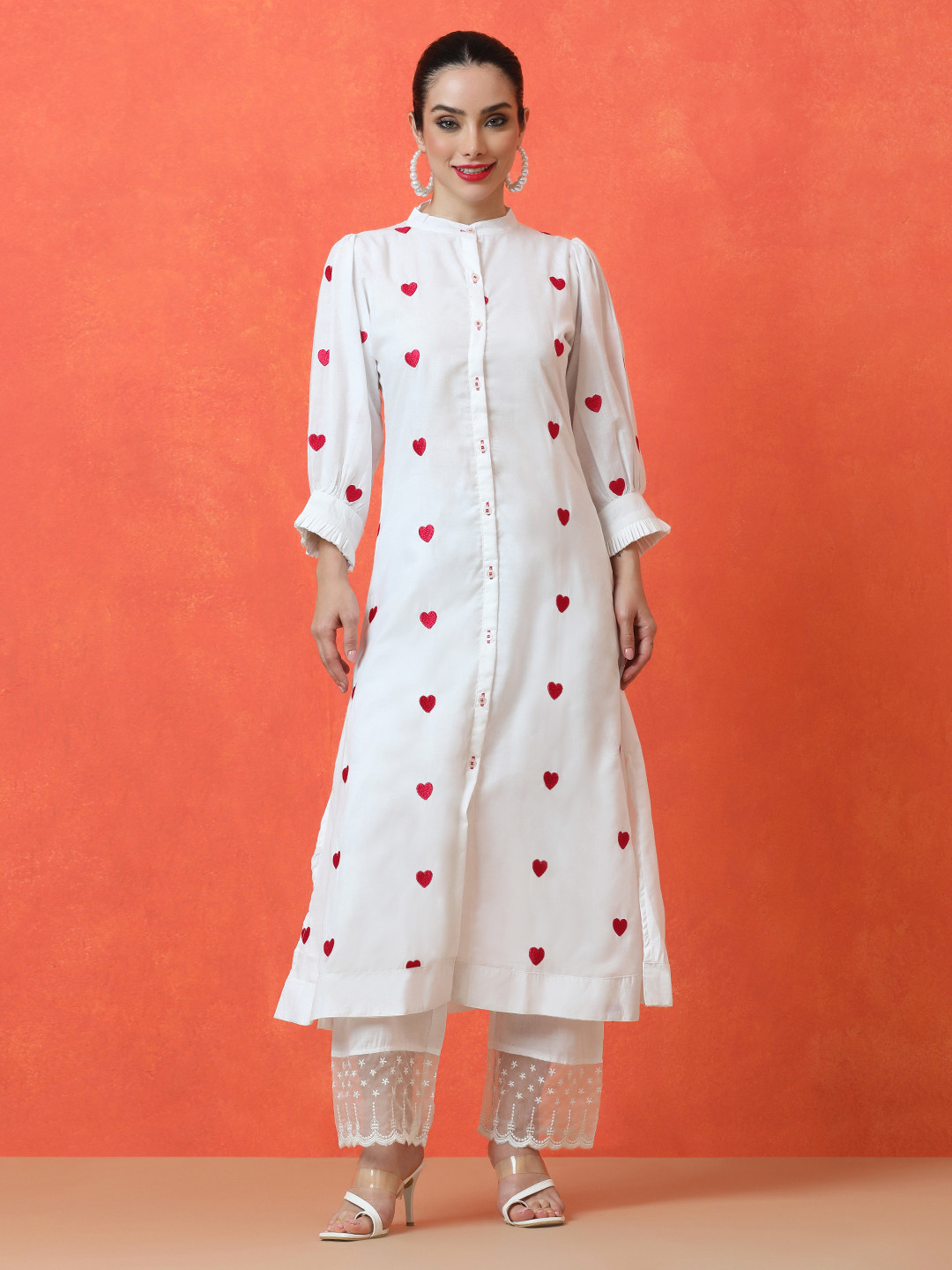 

Jaipur Kurti Geometric Printed Band Collar A-Line Pure Cotton Kurta with Trousers, White